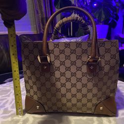 GUCCI TAN LEATHER GG MONO CANVAS GUCCISIMA TOTE BAG