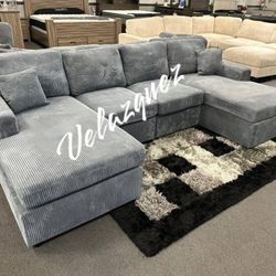 ✅️✅️4 pc  grey corduroy fabric sectional sofa with double chaise.✅️✅️✅️