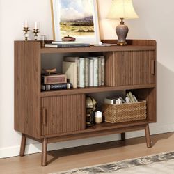 Mid-Century Bookcase Cabinet with Sliding Doors – Walnut