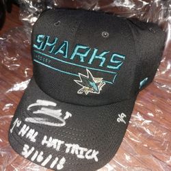 San Jose Sharks Autographed Rinkside Cap Evander Kane "1st NHL Hat Trick 3/16/18" Mint