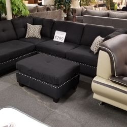 Brand New 104" x 75" Black Fabric Reversible Sectional + Ottoman
