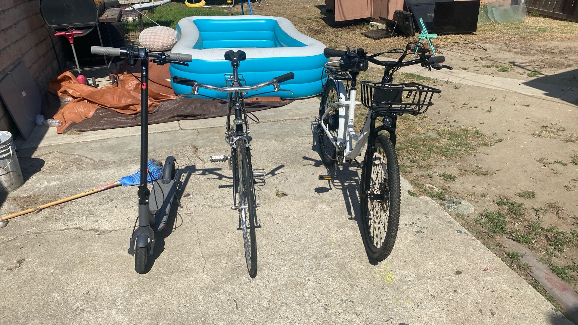 Electric bike, electric scooter, regular old-school bike the bike needs battery. They have it at Walmart for $60. The scooter have a charger.
