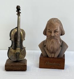 Vintage Metal Cello Figurine Wood Base Made In Italy Music Instrument Violin & Brahms Bust| Pricing In Description