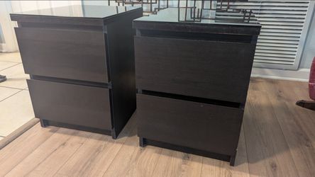 Pair of Nightstands / End Tables — Dark Brown w/ Glass Tops