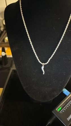 Silver tone Rope Chain Necklace with moissanite Cornicello Pendant