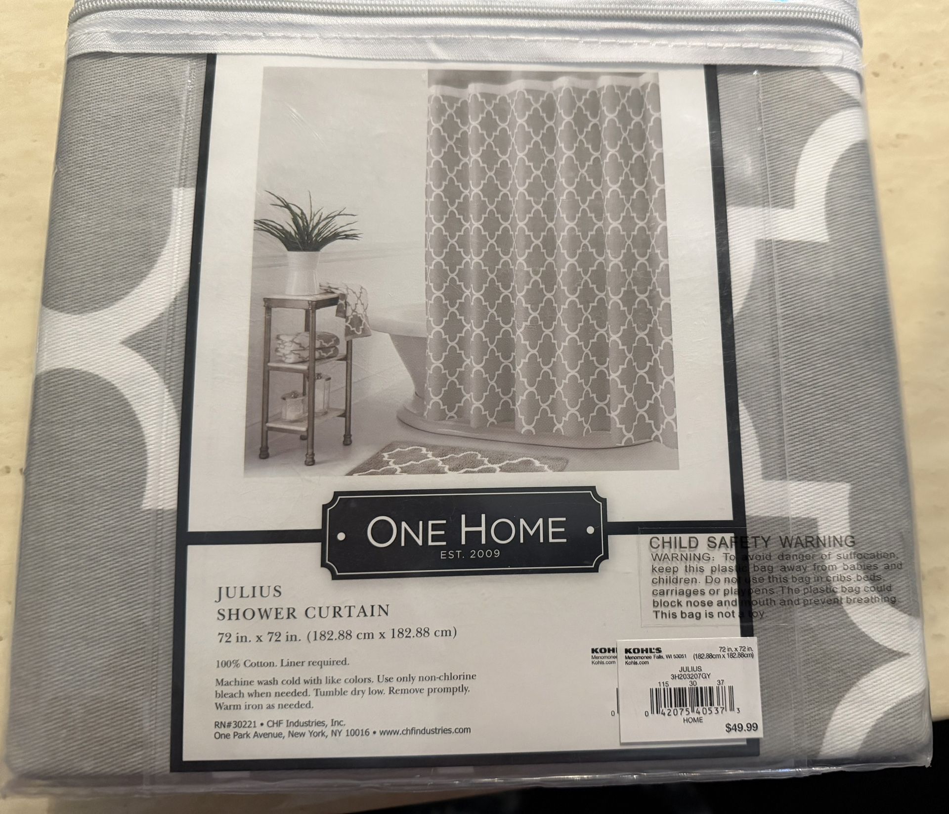 One Home Julius Shower Curtain Gray 100% Cotton 72 x 72 in Modern Bathroom Decor