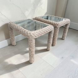Two Vintage Whitewashed Pencil Reed Rattan Glass Top Side Accents Tables! One glass has a small chip in corner hard to see. 21x28x20in