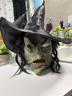 Witch mask with attached hair and hat
