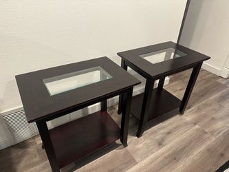 Set 2 Matching Wood Glass Top End Tables