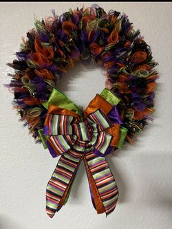 🎃 Halloween Deco Mesh Wreath– Purple, Orange, Green & Black with Large Bow 🎃