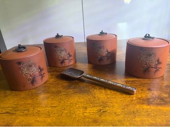 Chrysanthemum clay tea canisters and bass tea spoon