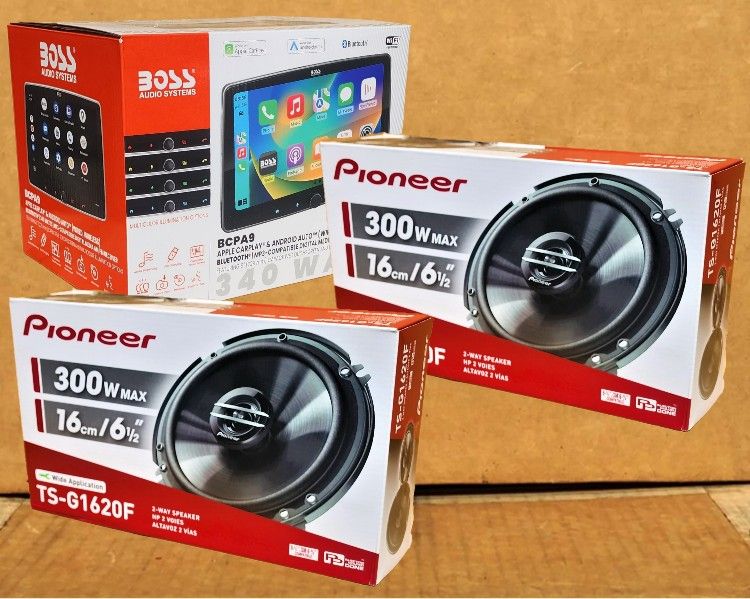 Boss Single Din 9" Floating Touchscreen Stereo Wireless Apple Carplay Android Auto Pioneer 6 1/2" 2-Way Coaxial Speaker System 600 Watts Package 🚨