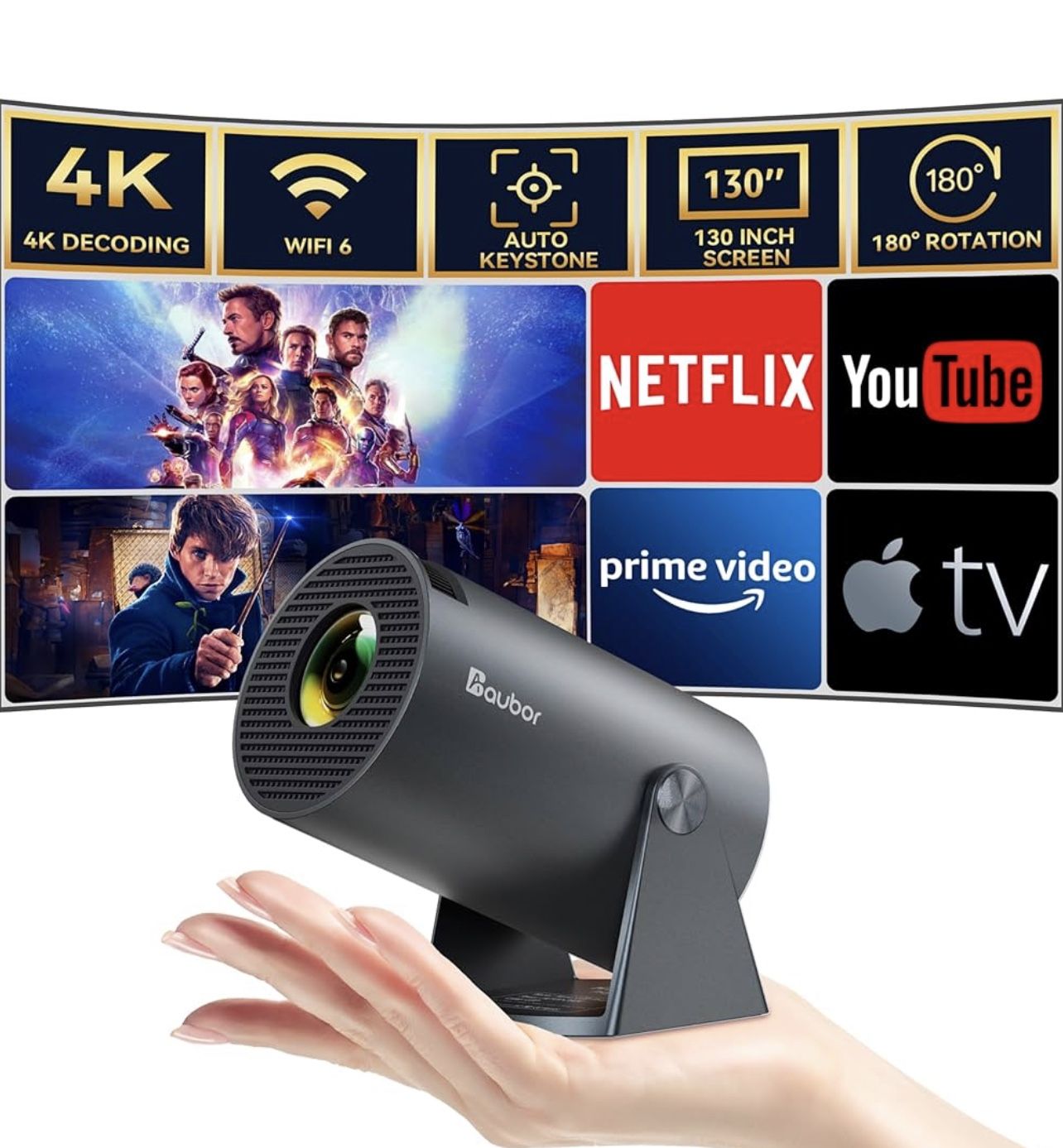 Aubor Mini Projector with Wifi and Bluetooth 1080P Support Smart