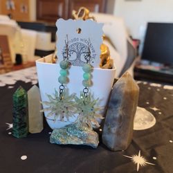🔥HUGE earring SALE! Handmade Sun Earrings with green crystals