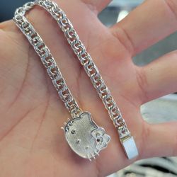 Income Tax Special 925 Sterling Silver Chino Link Hello Kitty Lock Solid Bracelet 7" 925 Plata Tejido Chino Cerrado De Hello Kitty Pulsera Solida 7"