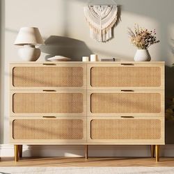 Natural Rattan 6 Drawer Dresser with Metal Handles and Storage Compartments for Bedroom and