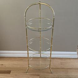 Hollywood Regency Bamboo Style Gold Metal & Glass Tiered MCM Side Table