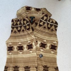 Ralph Lauren Women's Vintage Aztec Western Navajo Brown Shawl Cardigan Vest S