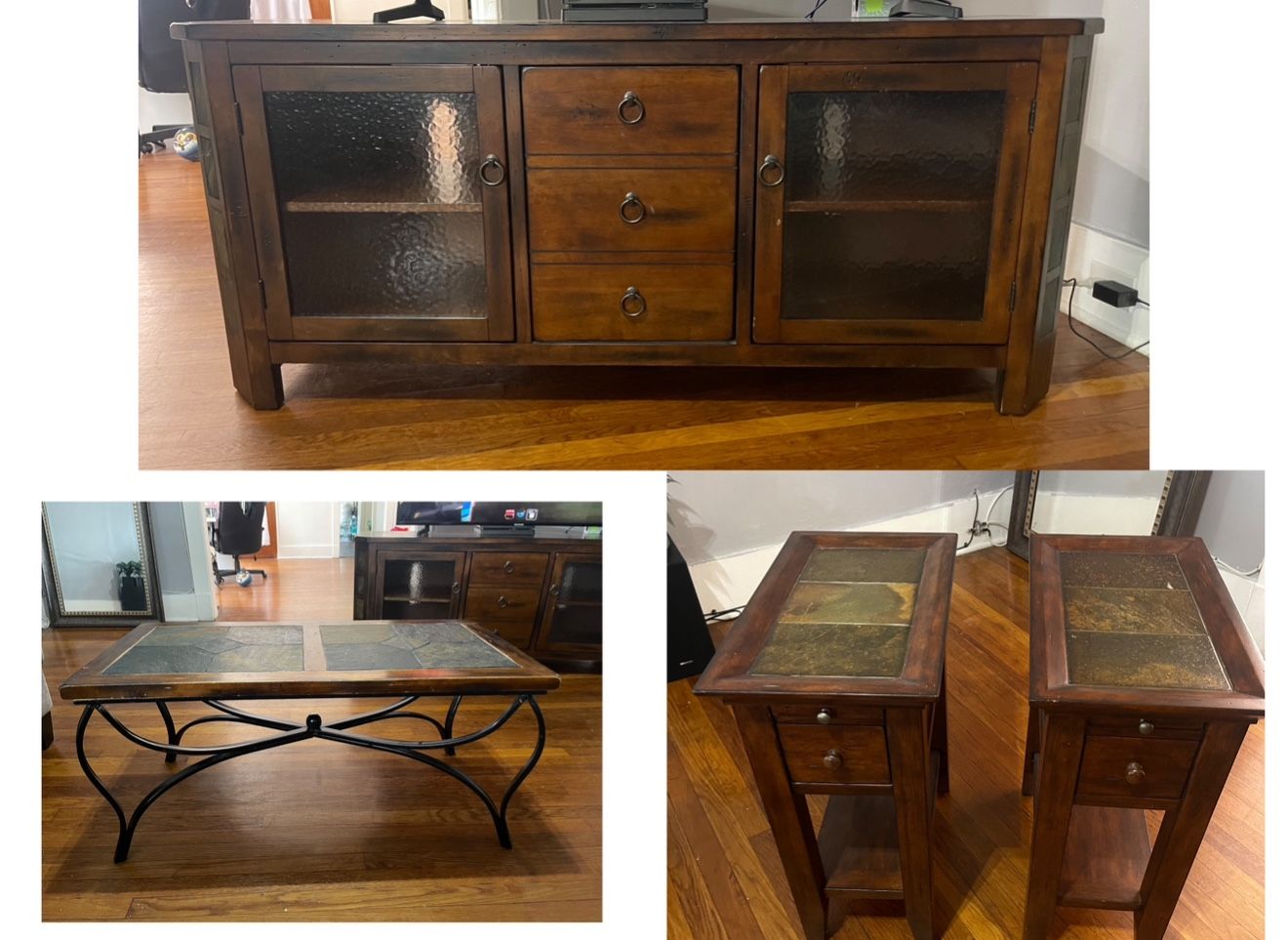 Solid wood entertainment center W/ Wooden Coffee & End Tables
