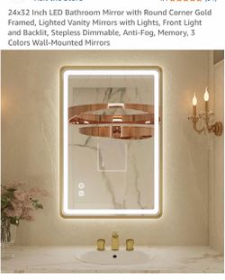 24x32 Inch LED Bathroom Mirror Gold Framed