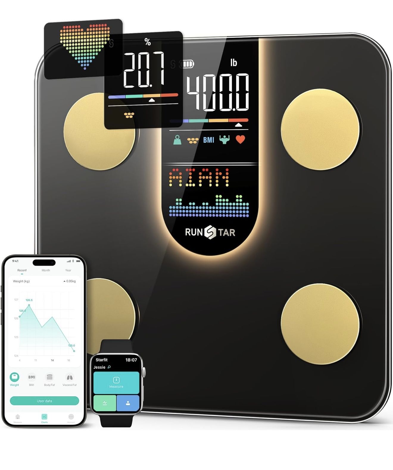 Runstar Scale for Body Weight, Smart Scale with 8-in-1 VA Display, High Precision Bathroom Digital Scale for Body Weight Heart Rate BMI Body Fat 22 Bo