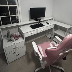 L Shaped Desk with 5 File Drawers, 75" Reversible L Shaped Computer Desk with Power Outlet & LED Strip, Office Desk with Storage Shelves, Gaming Table