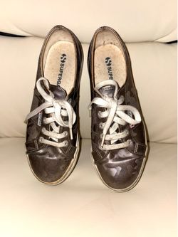 Superga sneakers, model 2750, feature a metallic camouflage design with white laces. Size 37