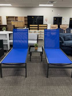 Set of 3, Pool Lounge Chairs Set, Adjustable Aluminum Plastic Outdoor Chaise Lounge with Side Table, All Weather for Deck Lawn Poolside Backyard, Blue