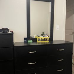 black dresser set- chest, dresser with mirror, nighstand 