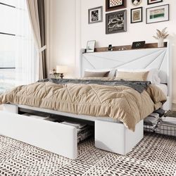 Queen Bed Frame, Storage Headboard with Drawers, Charging, White Velvet Upholste