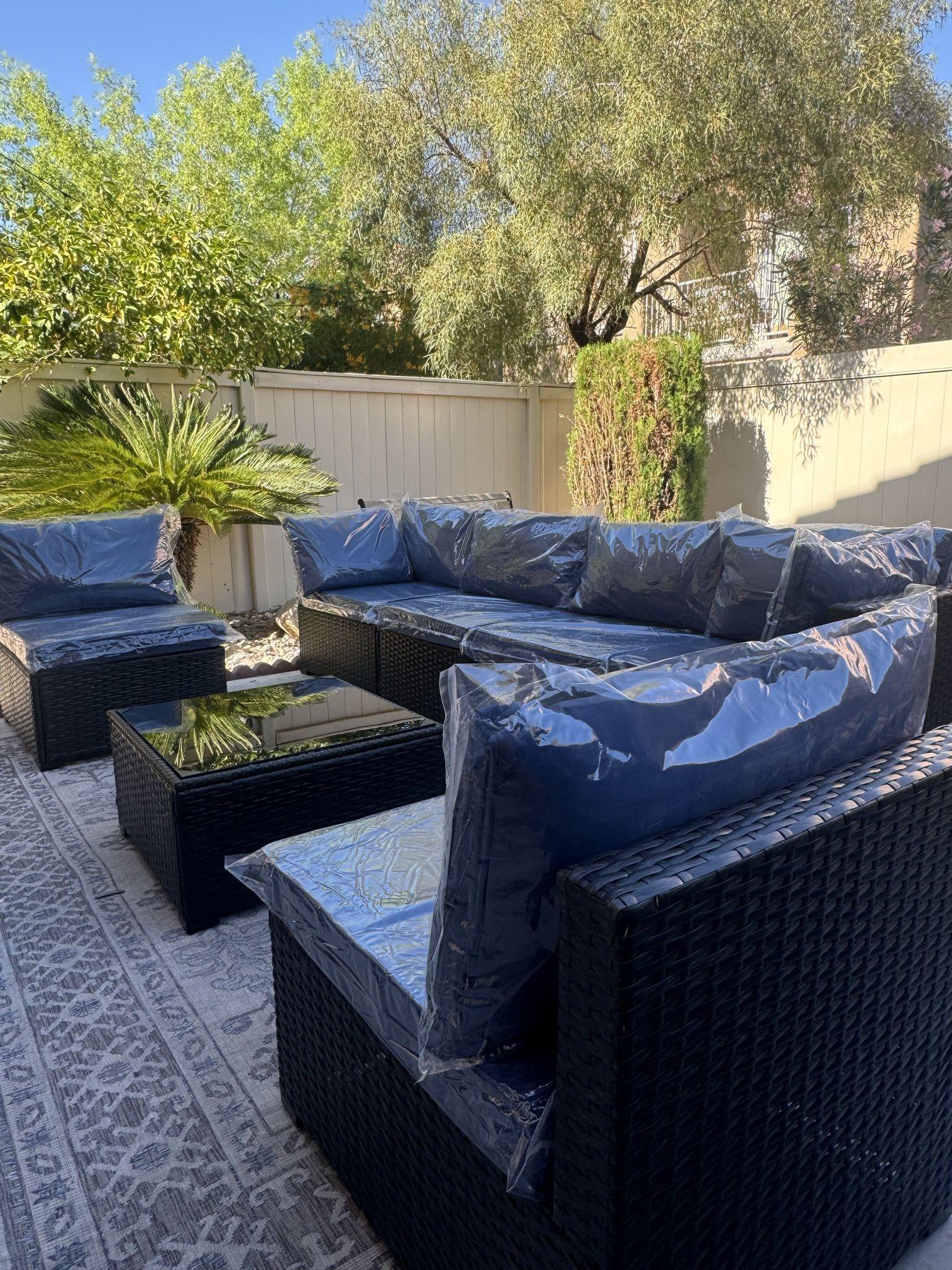 NEW 7 Piece Patio Outdoor Set Sectional With Navy Blue Cushions (Coffee Table Included)