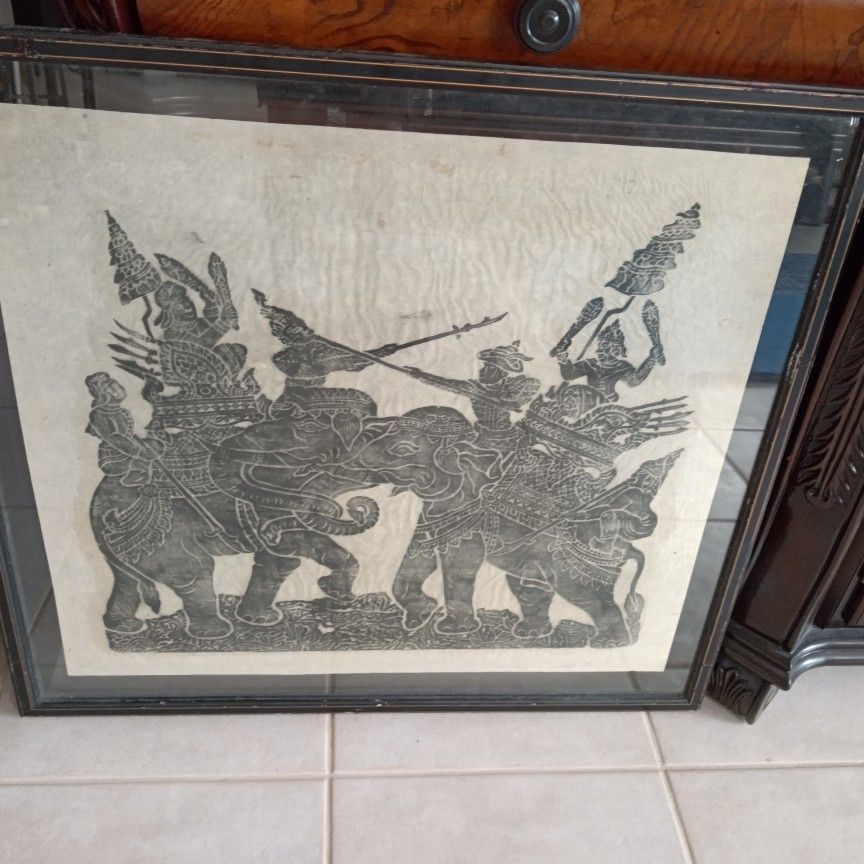 VINTAGE THAI TEMPLE RUBBING ON RICE PAPER, WARRIORS ON ELEPHANTS, VERY RARE Framed With Double Glasses.!!