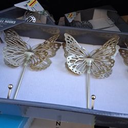 Butterfly 3 Pk Wall Hooks. Silver Or Gold . New Great For Pool Area To Hang Beach Towels .
