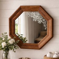 Vintage Octagon Wood Framed Etched Mirror – Floral Detail – Cottage Wall Decor – 16”
