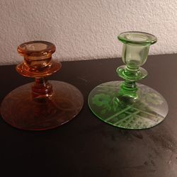 EXQUISITE VTG Fostoria Pair of 4.5" Etched Candle Stick Holders.
One is Peach and other Green. 

