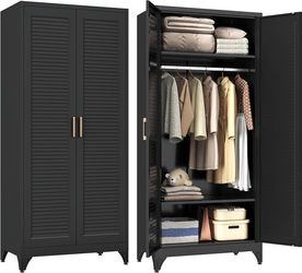 71"Armoire Wardrobe Close,Black Wardrobe Cabinet with Hanging Rod Metal Closet Cabinet with Doors and Adjustable Shelves,Freestanding Clothing Storage
