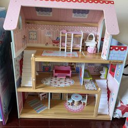Moving Out- Wooden Doll House With Doll Furniture