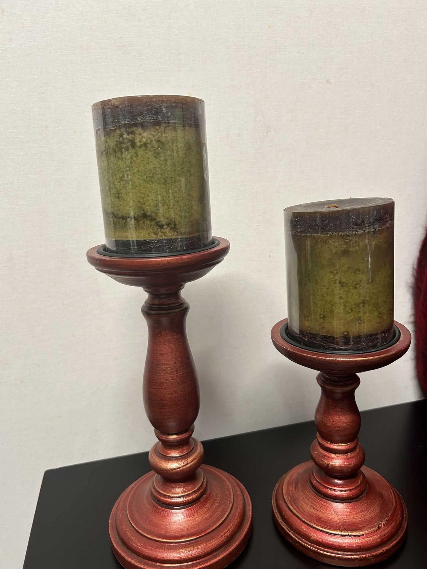 Two Red Wood Holder Candle , from Pier One Store