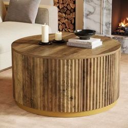 F2517 31.5" Round Coffee Table, Fluted Wooden Center Table with Sturdy Drum Base