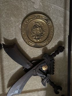 Carved DaDao Swords and Matching Brass Plate Wall Decor