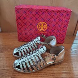 Tory Burch Fisherman Sandals Metallic Cracked Leather Spark Gold Size 6.5/7