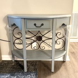 Blue Half-Moon Console Table w/ Drawer & Iron Accents - Great Entryway Piece!