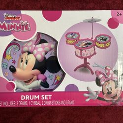 Minnie Mouse Drum Set Kit 3 Drums 1 Cymbal 2 Drum Sticks and Stand Sold Out NEW