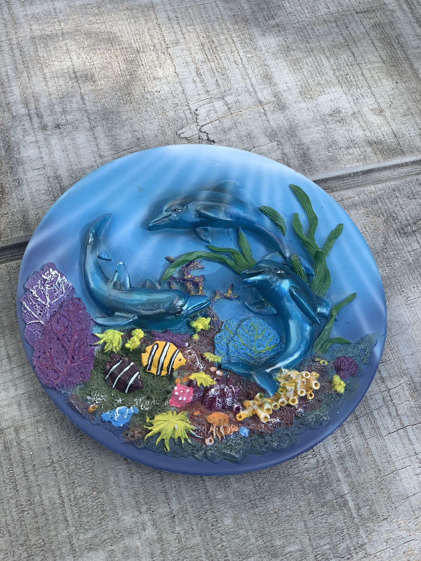 7” Classic Wildlife 3D Dolphin Wall Plate Resin Underwater Coral Reef Decor