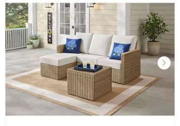 Piece Wicker Outdoor Sectional Set with Almond Cushions