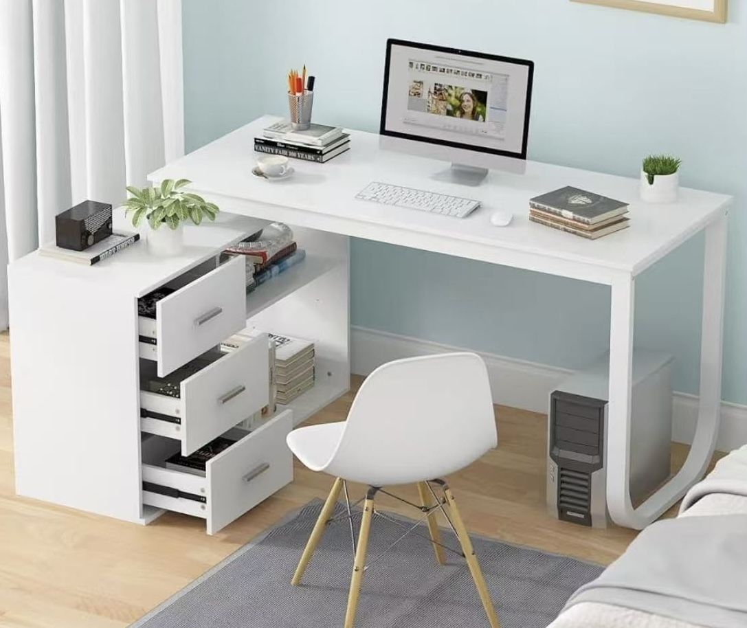 😀 55-inch L Shaped Office Computer Desk W/Drawers White Modern Contemporary Scandinavian L-Shape MDF Metal Matte Includes Hardware Shelves