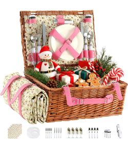 Picnic Basket Set for 4 with Waterproof Blanket Mat Insulation Bag Wicker Pink Floral Classic Fresh Gift for Christmas Thanksgiving Wedding Birthday C
