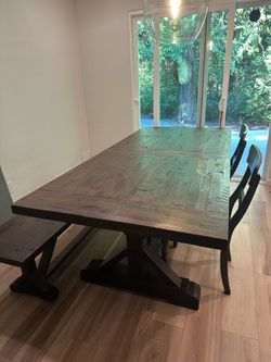 Dining room table with bench, 2 chairs, and extension leaf