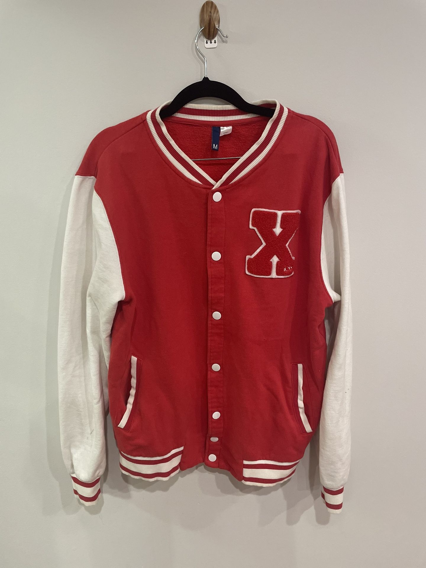 H&M Red Varsity Button Up Bomber / Baseball Jacket White Stripe Piping - Size M
