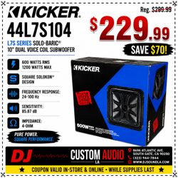 Kicker Square Speaker 10" Solo-Baric L7S Series 1200 Watts Dual Voice Coil Subwoofer L7S10 44L7S104 🚨 Payment Options Available 🚨 No Credit Needed ?